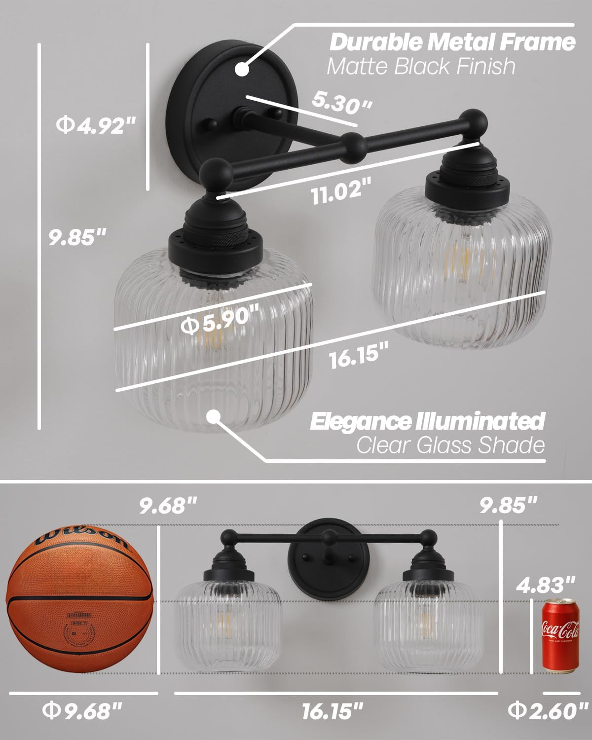 Vintage 2-Lights Clear Ribbed Glass Wall Sconce Lighting Black Finished, Double Head Bathroom Vanity Light Fixture for Bedroom Living Room Dining Room Hallway