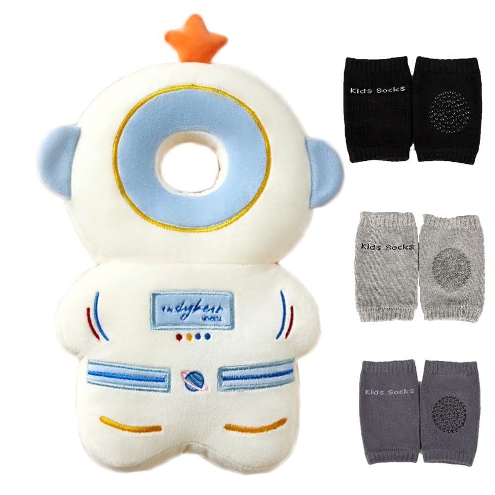 Baby Head Protector Cushion Backpack with 3 Baby Knee Pads for Walking & Crawling,Astronauts, White