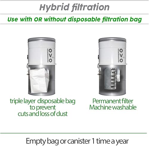 Miniatura 6 de OVO Sistema de vacío central grande y potente, filtración híbrida de 630 vatios de aire (con o sin bolsas desechables), cubre hasta 7500 pies