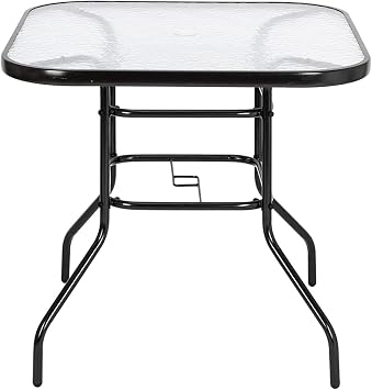 32 Outdoor Dining Table with 1.8 Umbrella Hole,Round Bistro Table Coffee Table with Toughened Glass Top, Patio Glass Side Table for Backyard Poolside Lawn Square, Black
