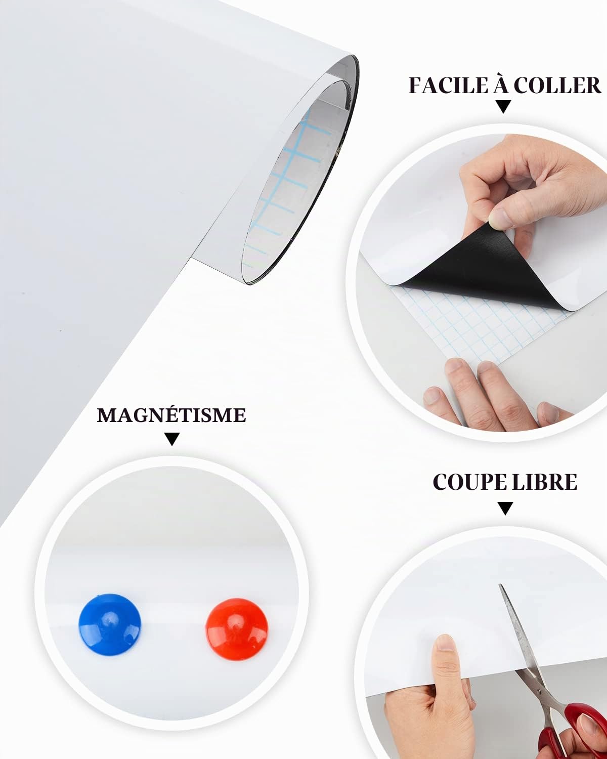 Tableau Blanc Magnetique, 45×100cm Adhesif Effacable Autocollant, Inclut 3 Feutres Effacables, 6 Aimants, Porte Crayon Magnétique, Tissu et Puzzles