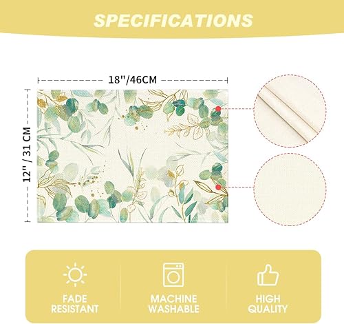 Miniatura 6 de Artoid Mode Juego de 4 manteles individuales de eucalipto para mesa de comedor, 12 x 18 pulgadas, decoración de primavera, temporada de vacaciones,