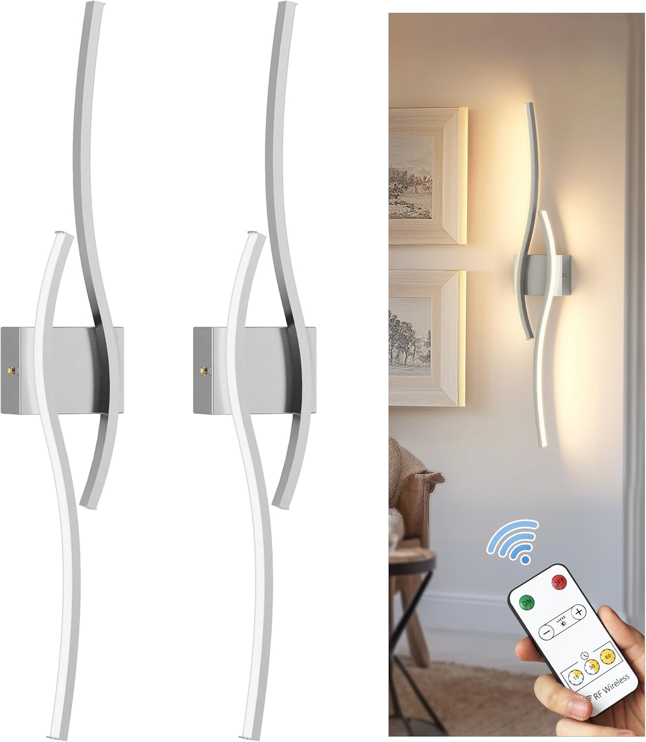 L LOHAS LED Battery Operated Wall Sconces Set of 2, Battery Wall Sconce 7200mAh, Nickel Rechargeable Sconces 3000K, 31.6 Inch Dimmable Wireless Wall Lights, Sconce Wall Decor for Bedroom, Living Room