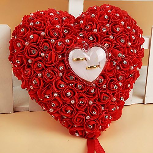Wedding Favors Hang Ring Pillow with Transprent Box Heart Design with Rhinestone and Pearl Decor Wedding Ring Cushion Decoration (red)