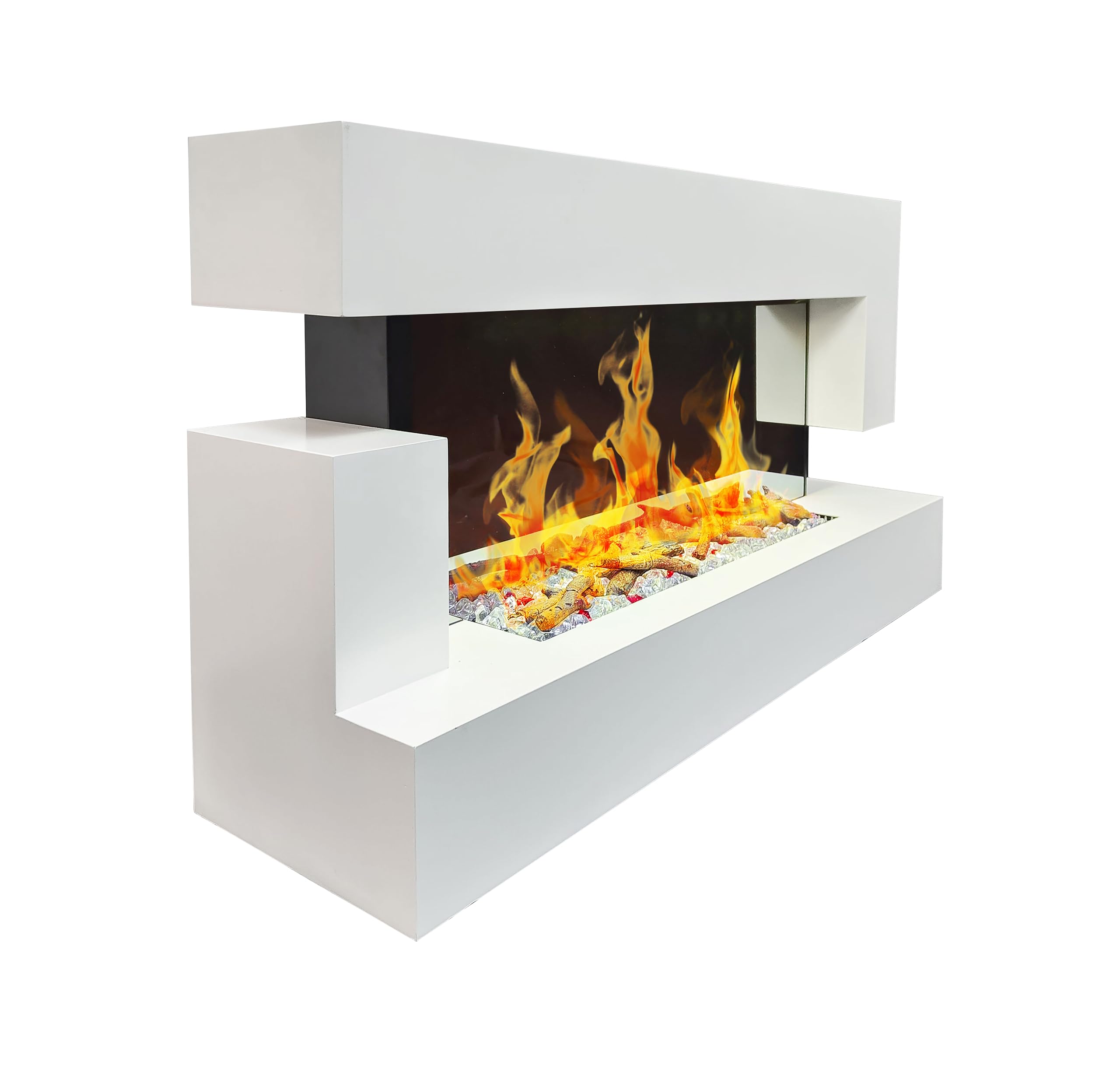 CHEMIN'ARTE Camino elettrico LED da parete Quarzt 120 cm - Bianco - Effetto fiamma LED - Telecomando, Caminetto con Timer e Controllo Automatico di Temperatura