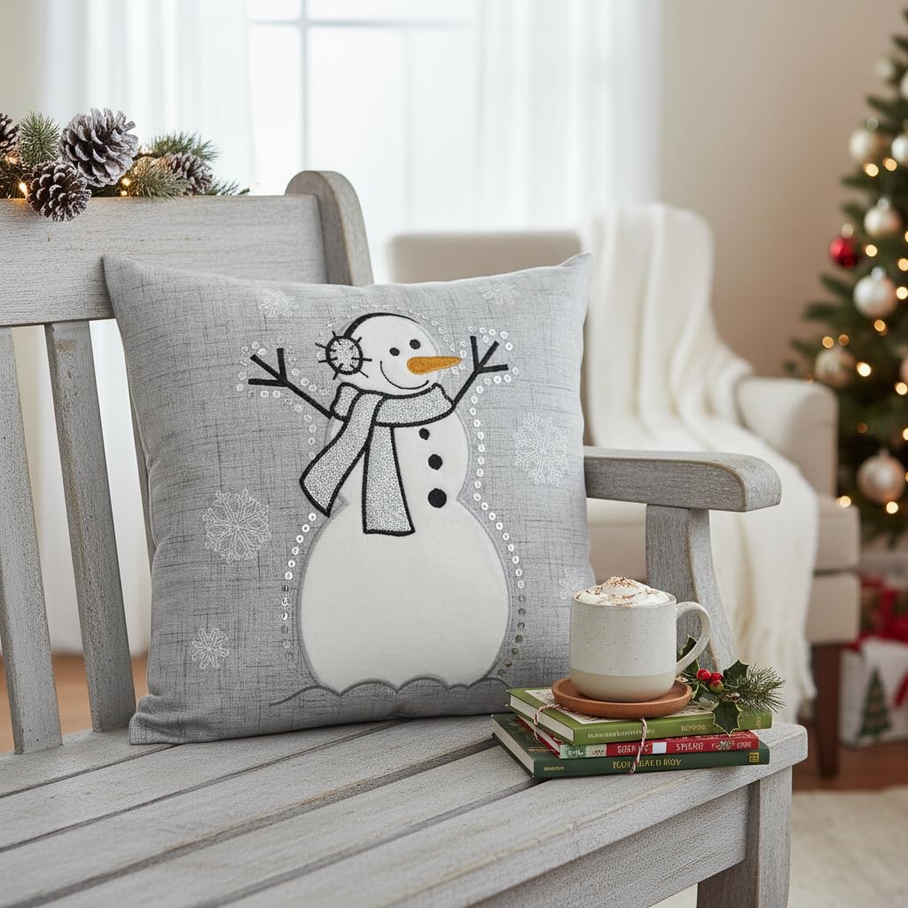 Comfy Hour 35 cm x 35 cm zimowy Boże Narodzenie bałwan w szaliku i słuchawkach płatek śniegu akcent poduszka sezonowa poduszka