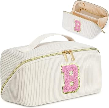 Personalized Initial Makeup Bag, Valentines Day Gifts for Girls,Preppy Bag Cosmetic Travel Bag Women,Travel Toiletry Organizer,Large Capacity Corduroy Stuff Bag,Cute Cosmetic Pouch Skincare Bag