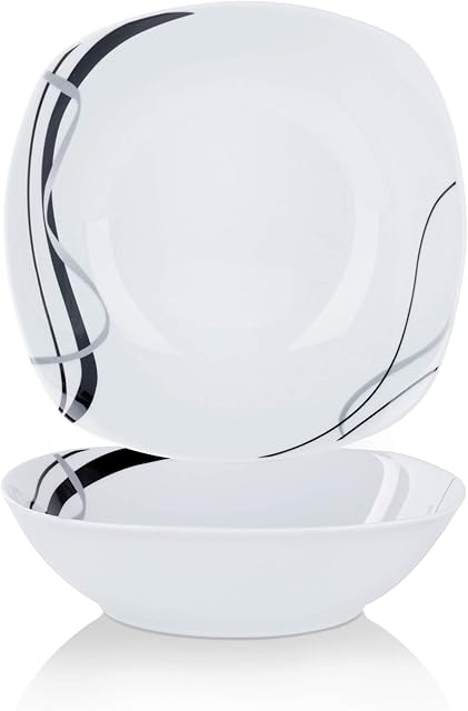 VEWEET 'Fiona' 2-Piece Cereal Bowls 9" Ivory White Porcelain Black Lines Round Dinner Set Fruit & Salad Bowl for Salad/Side Dishes/Soup/Dessert, 2 * 1050 ml