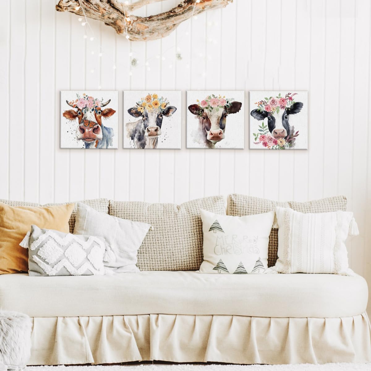 Country Cow Bathroom Decor For The Home, Rustic Farmhouse Cow Painting Pictures Wall Art Decor For Home Bedroom Bathroom Kitchen Living Room, Set Of 4, 12X12 Inches