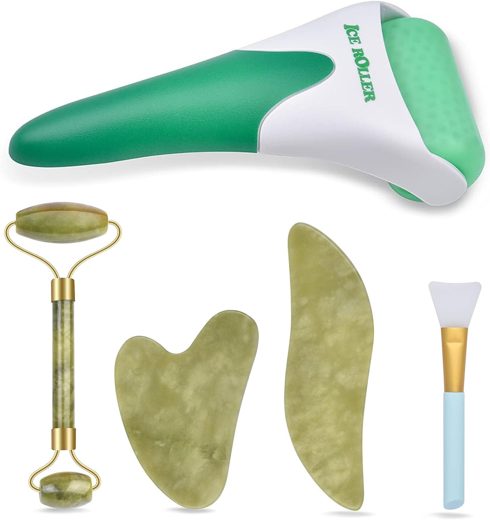 Charmonic 6 in 1 Ice Roller & Jade Roller and Gua Sha Set, Facial Massage Kits, Facial Roller Kit with Gua Sha Tool and Silicone Brush, Anti-Aging Jade Stone Massager for Face, Eyes, Neck Massage