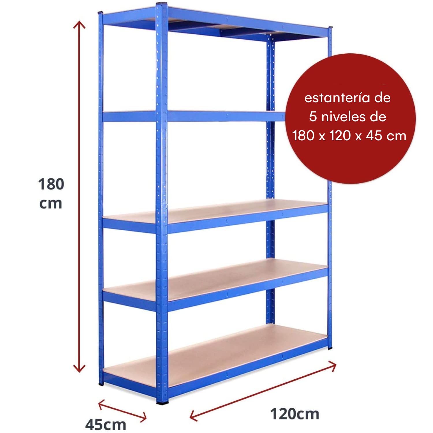 Estante de Almacenamiento para Garaje: 180 cm x 120 cm x 45 cm | Azul - 5 Estantes | 175 kg de Carga Cada balda (Capacidad para 875 kg) | Estantería para Garaje Muy Resistente - 5 Años de Garantía