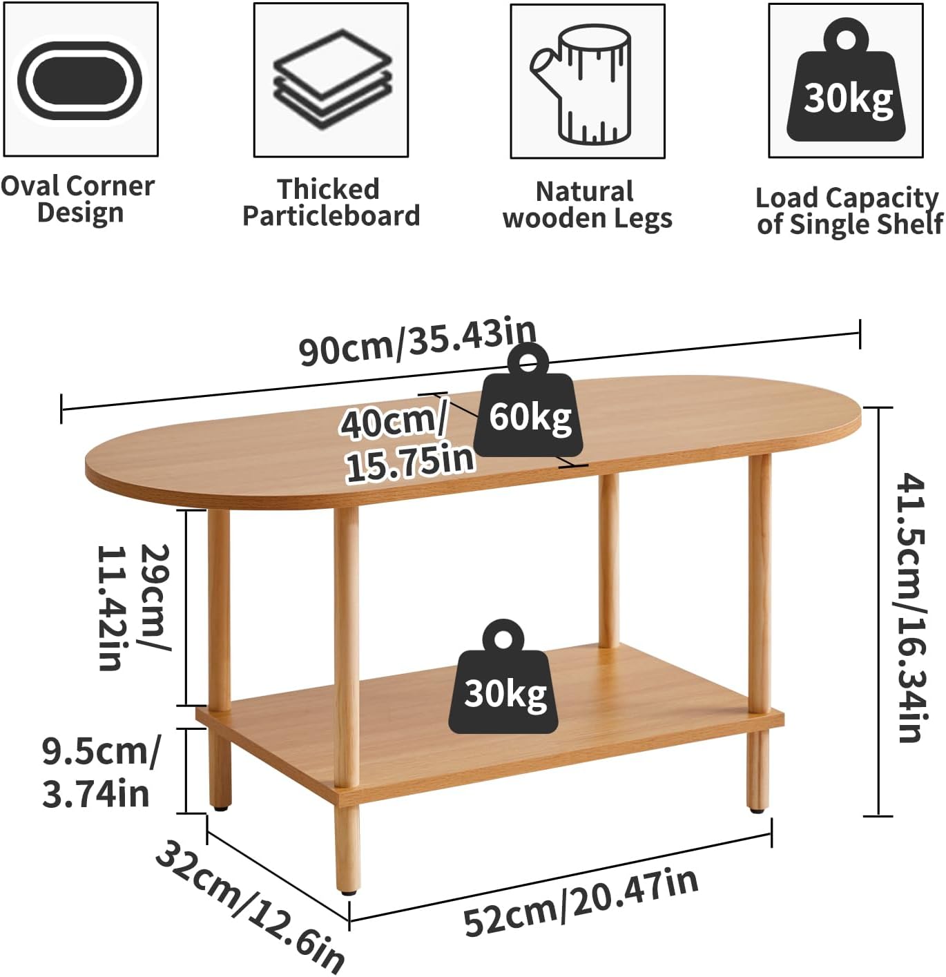 Wooden Tea Table Small Coffee Table, 2 Tier Coffee Table for Living Room, 35x16x17inch Tea Table Stand with Storage Shelf Natural Wood Color YD-012N