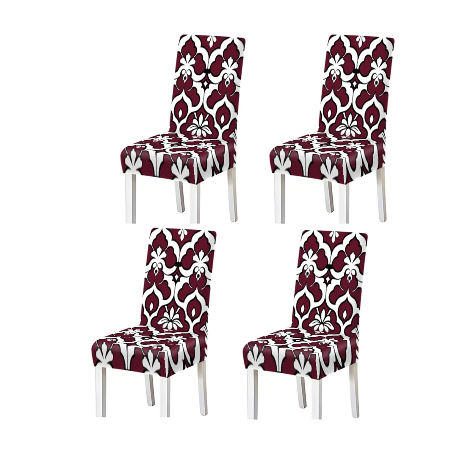 BOSUYBN Burgundy White Damask Floral Pattern Print Dining Chair Covers Set Of 2/4/6, Stretch Slipcovers For Kitchen Dining Room Furniture Protectors for Home Dining Room(4PCSChair cover)