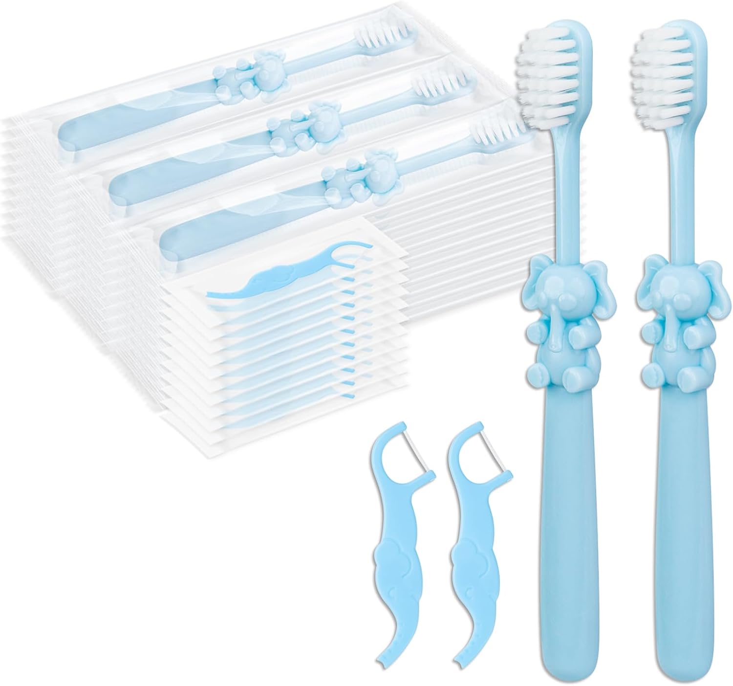 Disposable Kids Toothbrush Set Individually Wrapped Kids Toothbrushes Floss Elephant Shapes Helps Prevent Tooth Decay & Gum Diseas for Family Travel Picnics Boys Girls (100)
