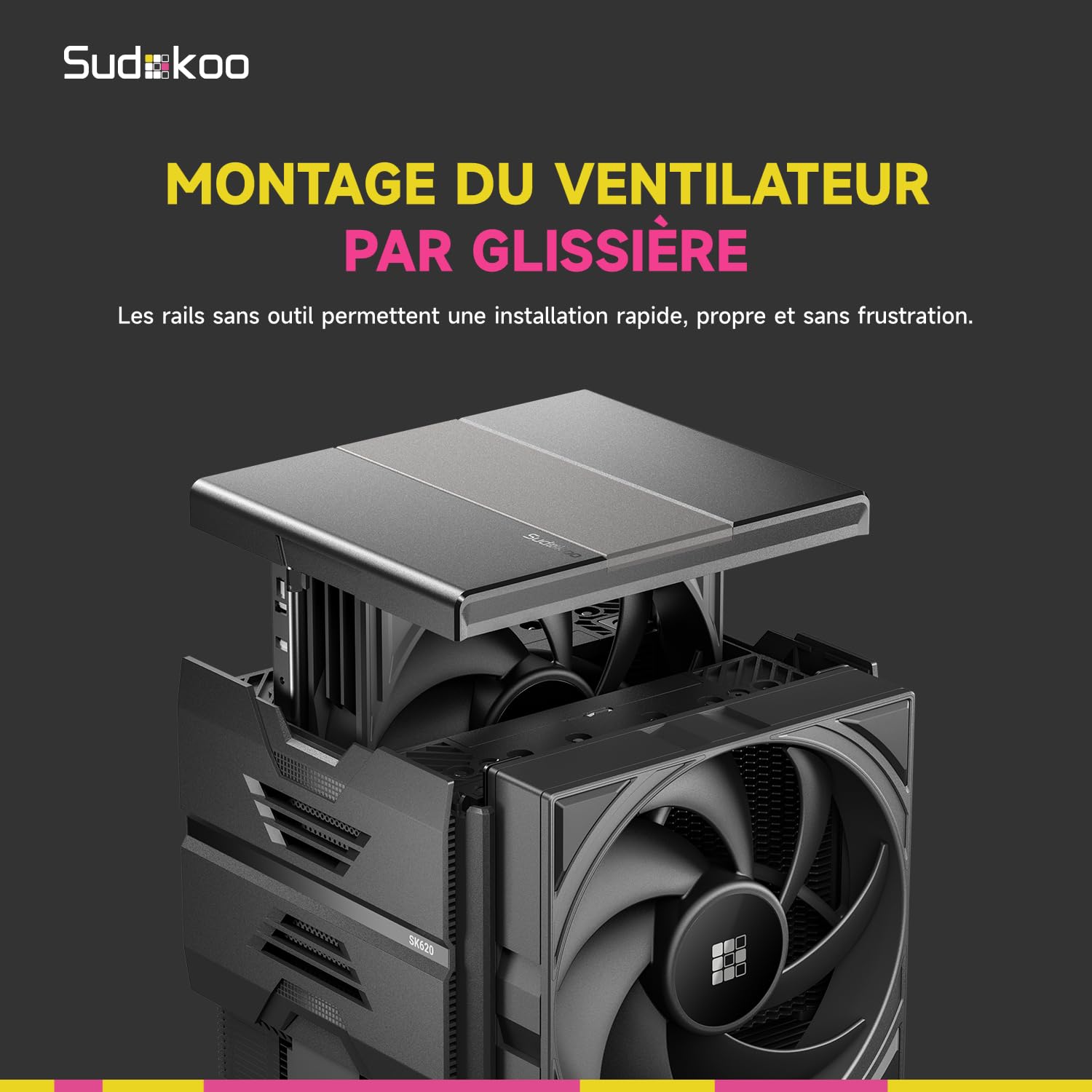 Sudokoo SK620 Ventirad AM5: Ventilateur Processeur PC - Refroidisseur CPU à Double Tour, CPU Cooler AM5 avec 2 x 120mm Ventilateurs PWM FDB, 6 Caloducs, Montage Coulissant Sans Outil, Noir