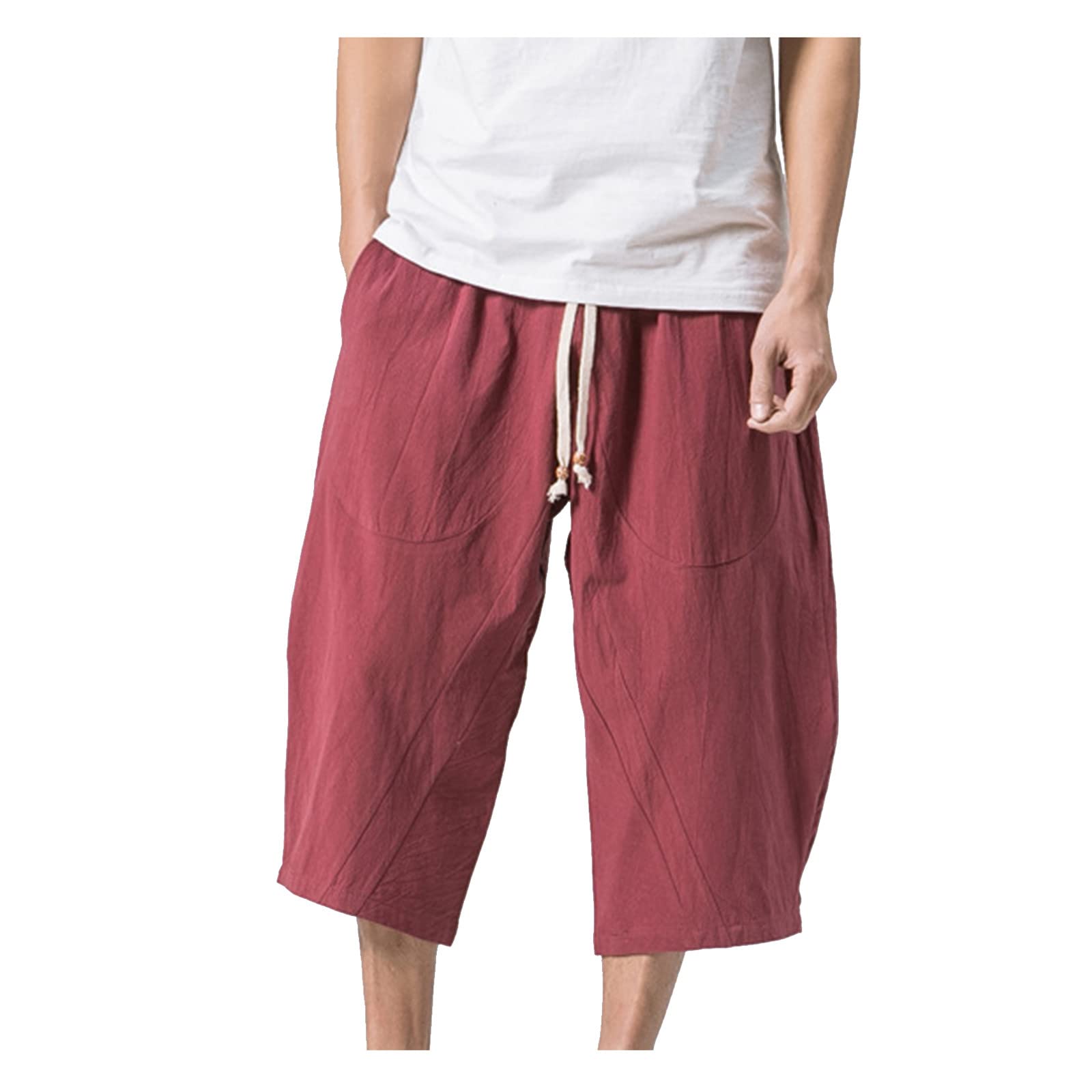 WENKOMG1 Cotton Linen Shorts for Men,Casual Loose Solid Japanese Trunks Adjustable Waist Calf Length Cropped Trousers