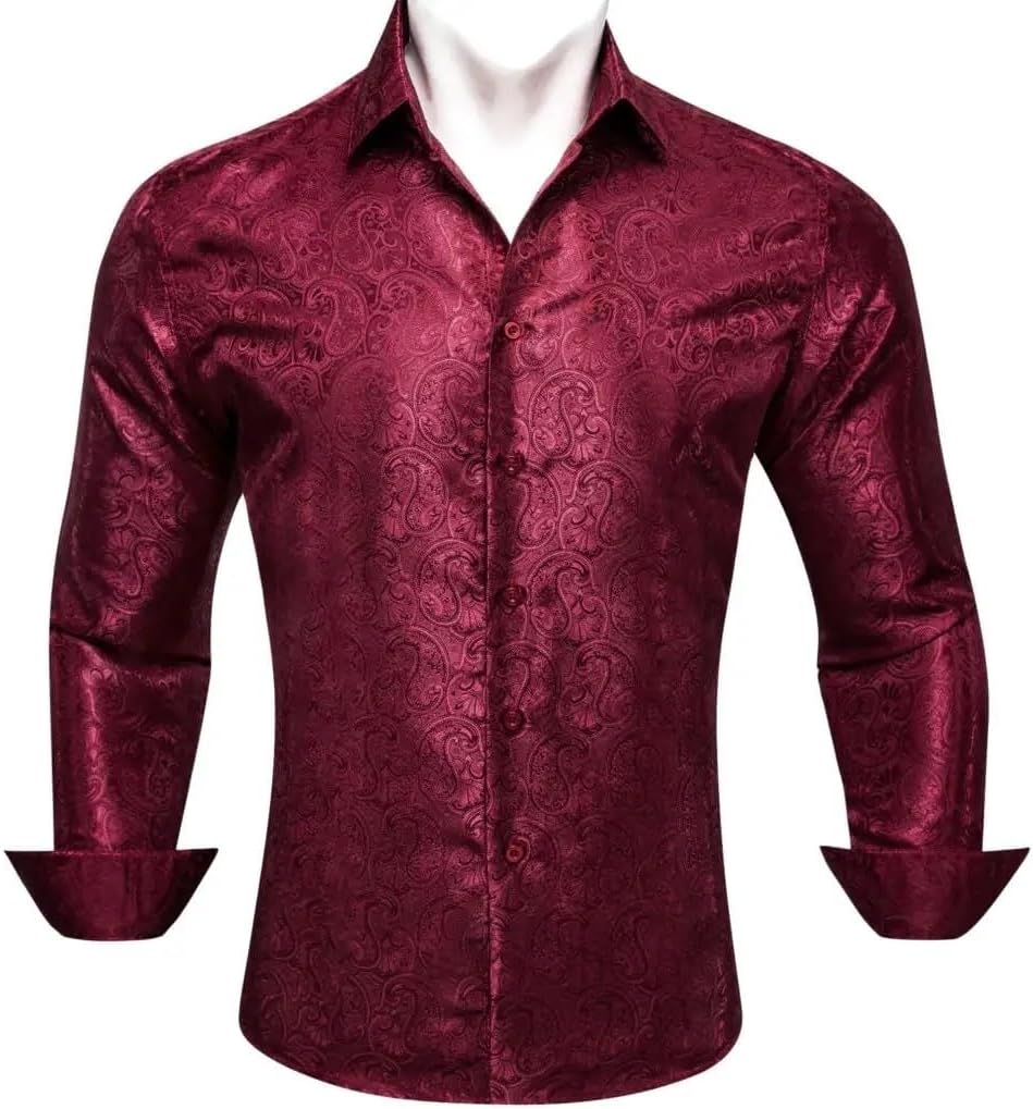 Casual Tops Men Silk Long Sleeve Burgundy Red Paisley Embroidered Slim Fit Male Blouses