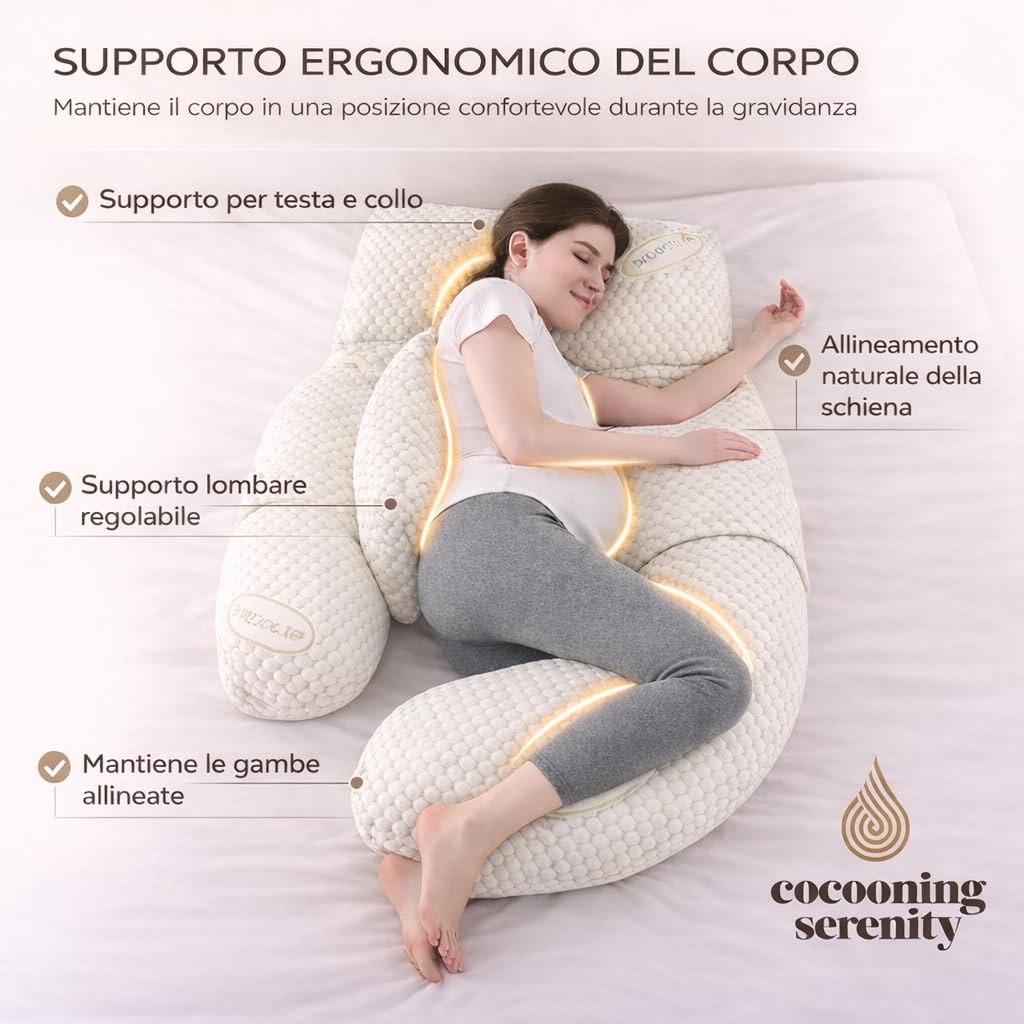 Cuscino Gravidanza XXL Cuscino Maternità Ergonomico 360° per Dormire in Gravidanza – Supporto per Pancia, Schiena, Fianchi e Gambe – Cuscino Allattamento con Fodera Lavabile