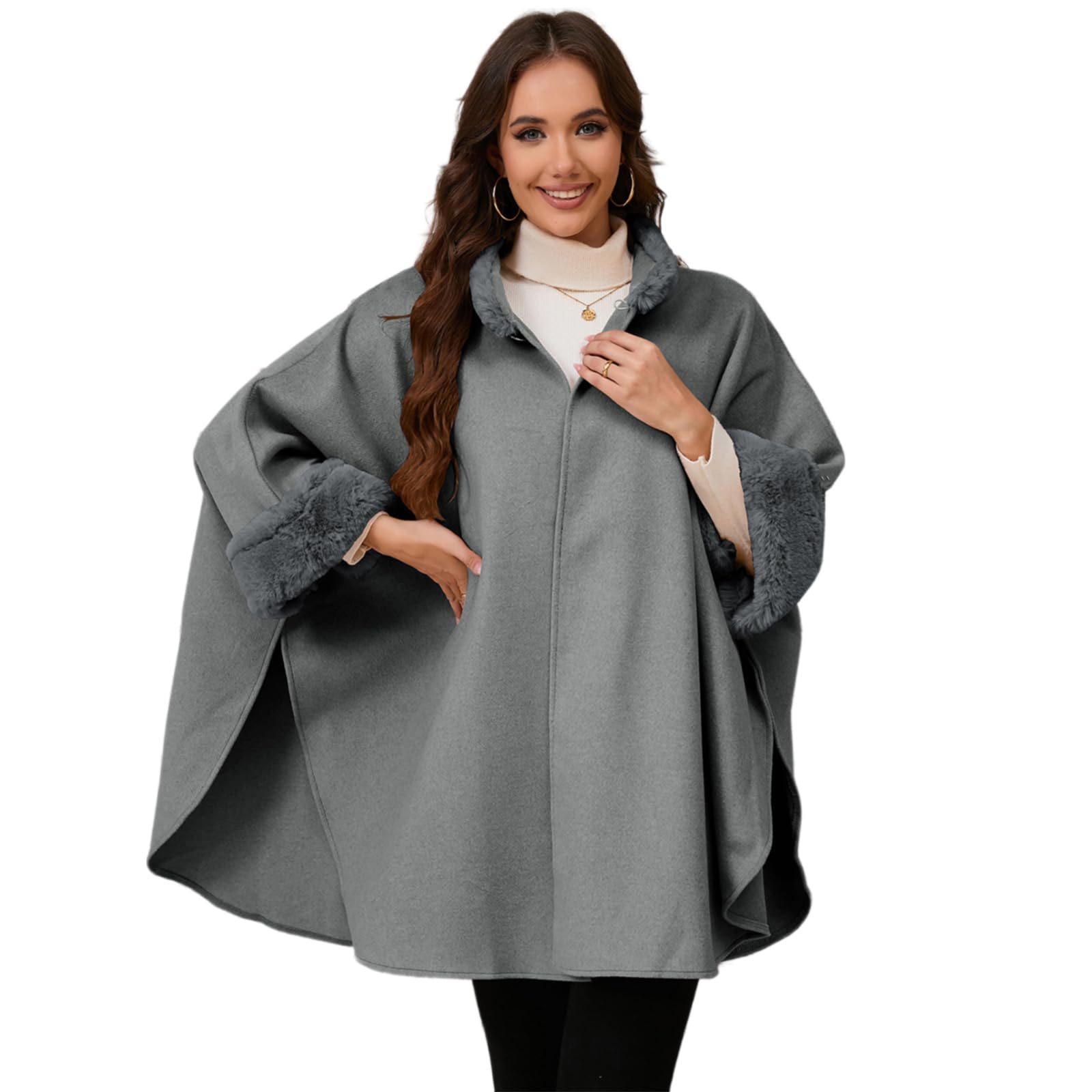Vintage Loose Fit Poncho Mantelle Cappotto Con Colletto Peloso Polsini Per Le Donne Inverno Aperto Anteriore Baggy Mantello Cardigan Scialle Avvolgere Giacche Esterne Eleganti