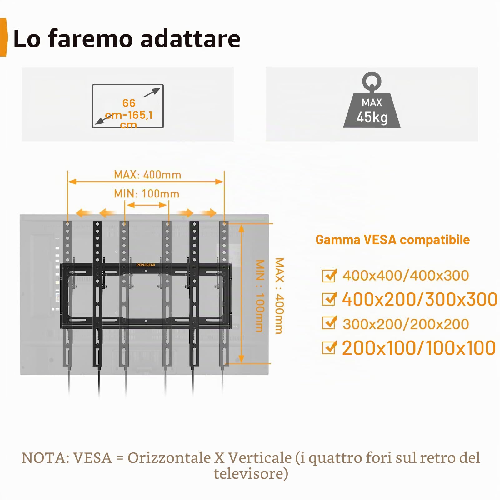 Perlegear Supporto TV Parete Inclinabile, Staffa da Parete per TV da 26"-65", Max VESA 400x400, Supporto TV Ultra Resistente 45kg
