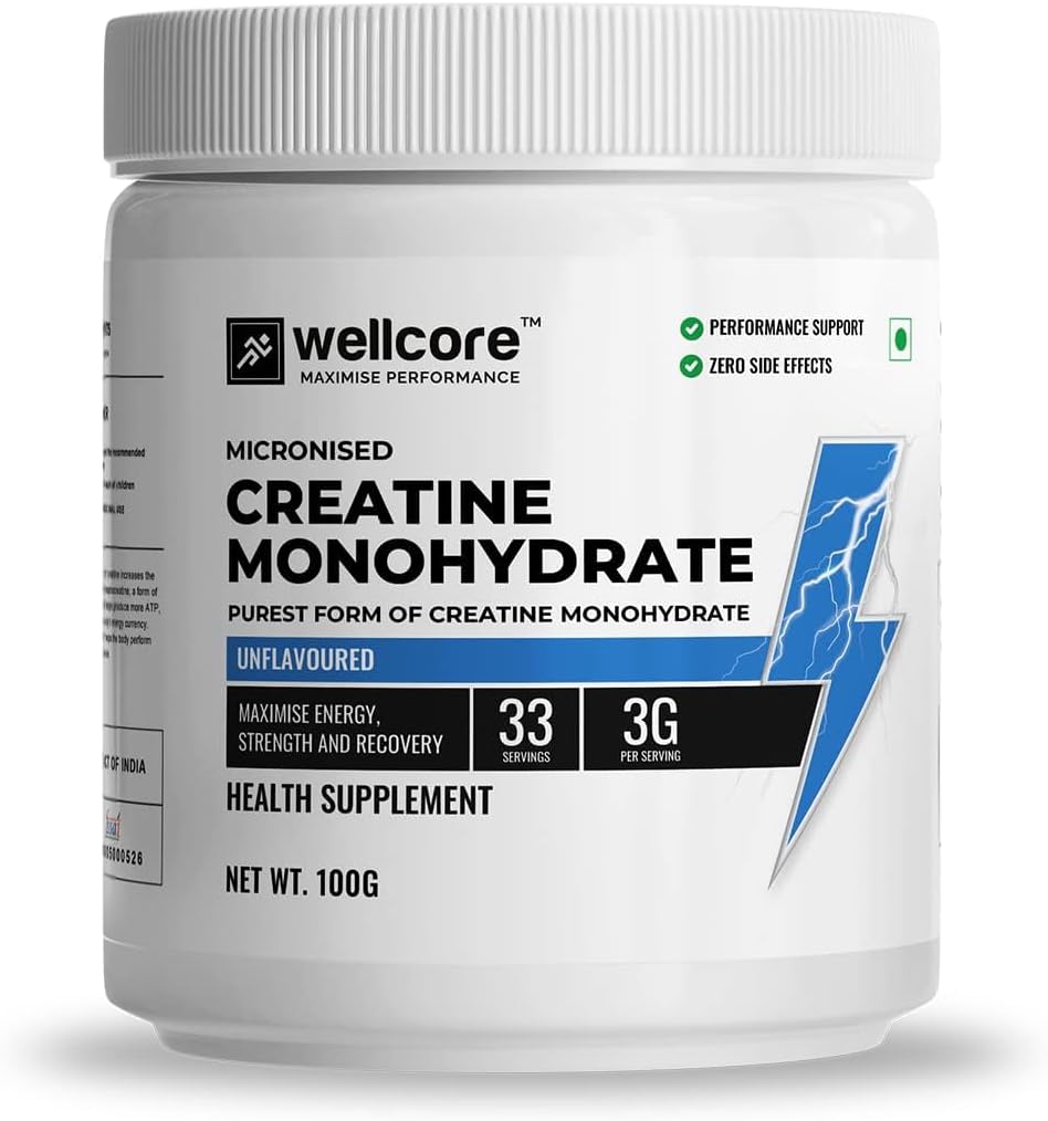 Verem Wellcore - Micronised Creatine Monohydrate (100g, 33 Servings) | 100% Pure Creatine | Unflavored | Enhanced Absorption | Supports Athletic Performance and Power | Creatine for Men & Women