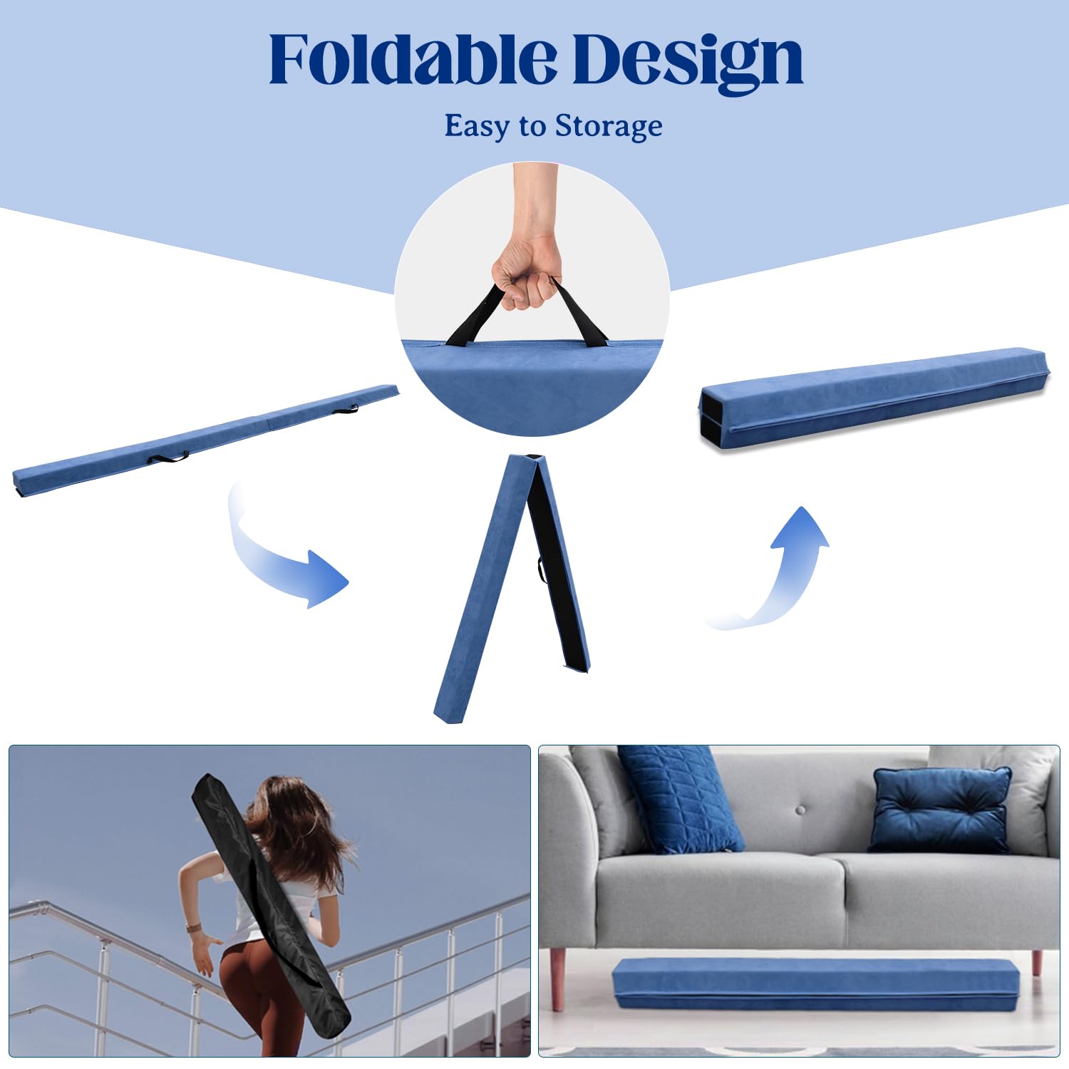 Viga de Equilibrio Gimnasia 240 cm, Barra de Gimnasia Plegable Portátil para Entrenamiento con Base de Goma Antideslizante para Niños, Principiantes y Gimnastas Profesionales