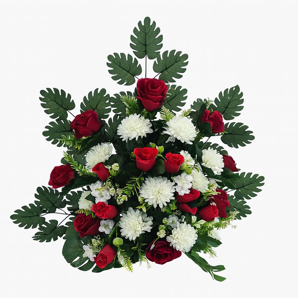 DRW Centre de Fleurs artificielles pour Mariages, églises, cimetières avec Pompon Blanc et Roses Rouges 65 x 65 x 30 cm
