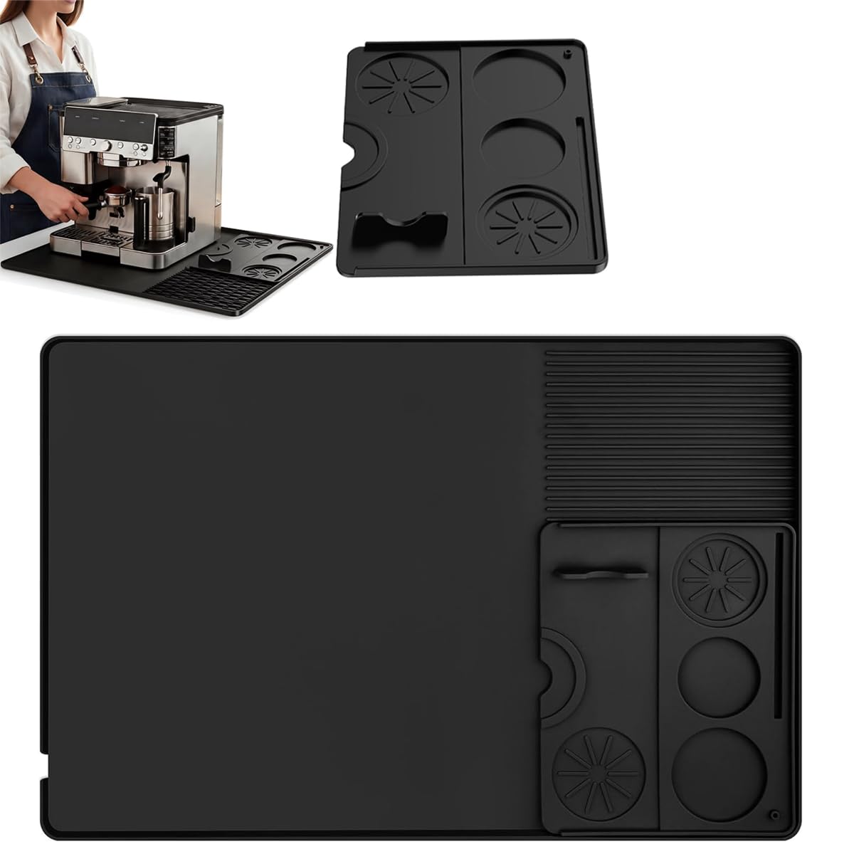 ELESHIMOFA Coffee machine mat (Black) 23.6''x15.8'', Silicone Coffee Mat with Detachable Tamping Mat,Black,