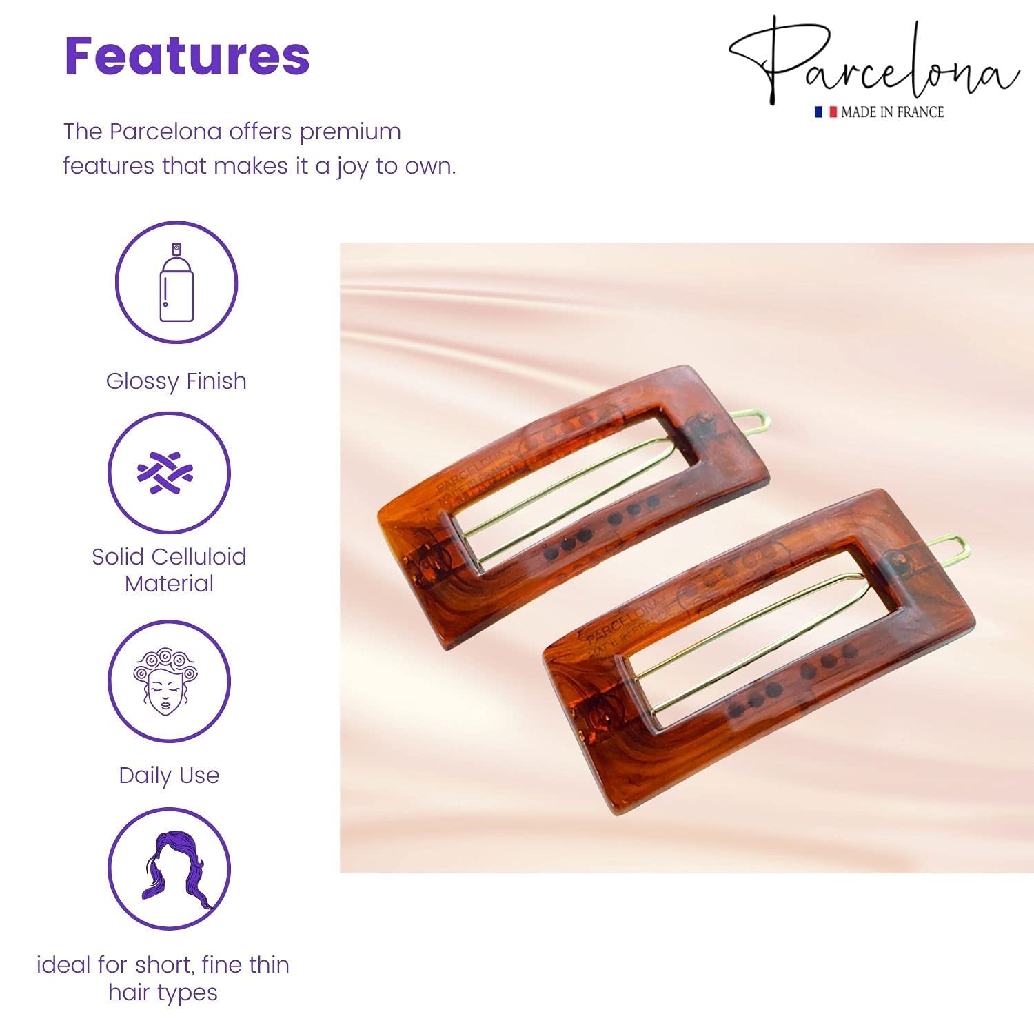 Parcelona French Rectangle Cut Out Brown Small 1 3/4" Celluloid Acetate No Slip Grip Tige Boule Clasp Set of 2 Side Slide In Snap Hair Clip Barrettes for Girls and Women, Made in France - Image 2