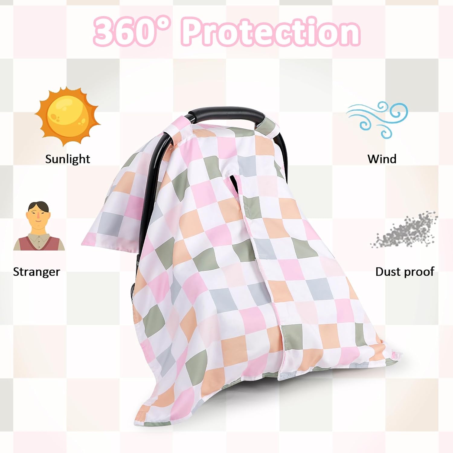DILIMI Baby Car Seat Cover, Minky Warm Car Seat Covers for Babies, Peekaboo Opening Infant Car Seat Cover, Nursing Cover Carseat Canopy, Colorful Checkered - Image 3