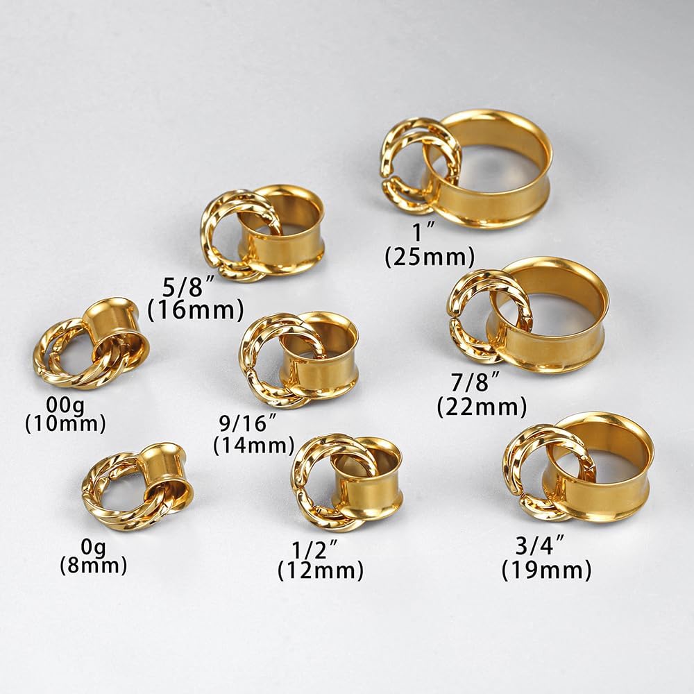 1 Pair Basic gauges+2 twisty rings Ear Tunnels Plugs 316 Stainless Steel Ear Gauges Weight Saddle Plugs Hypoallergenic expander Piercing Body Jewelry 00g 0g-1''