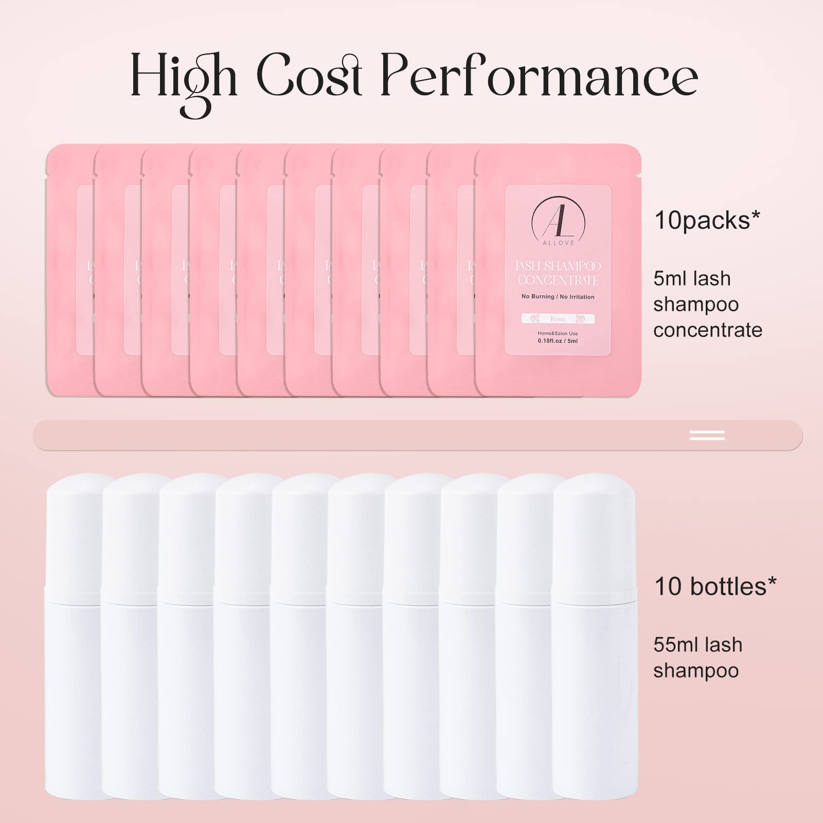ALLOVE Wimpern-Shampoo-Konzentrat, 5 ml * 10 Wimpern-Shampoo für Wimpernverlängerungen, empfindliches und nicht reizendes Wimpernverlängerungs-Reinigungskonzentrat, Wimpern-Shampoo – parfümfrei