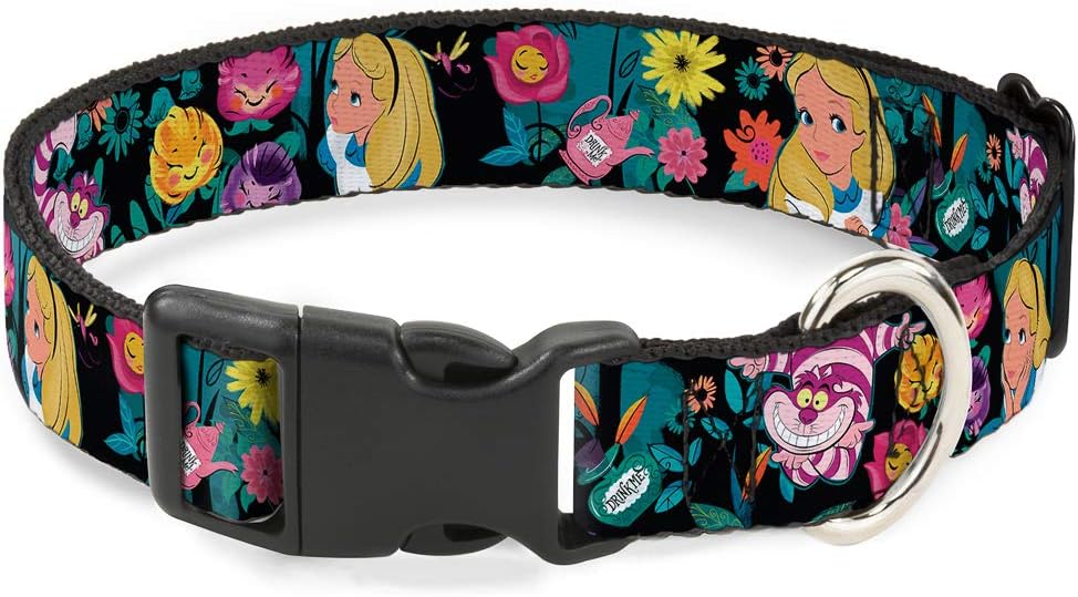 Buckle-Down Plastic Clip Collar - Alice/Cheshire Cat/Flowers Poses Black/Multi Color - 1.5" Wide - Fits 18-32" Neck - Large
