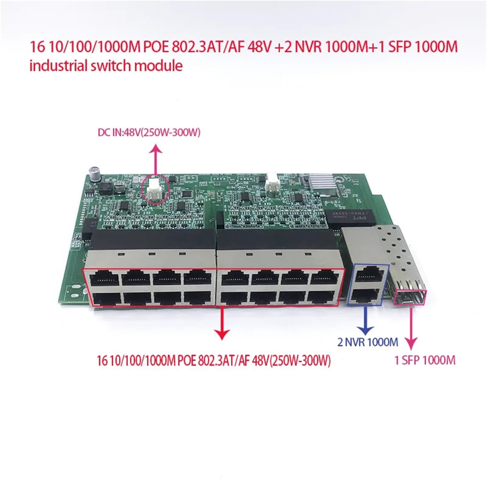 Commutateur 16 ports 10/100/1000 M PoE 48 V (250 W-300 W) 802.3AT/AF avec 2 ports NVR UPLINK de 1000 m avec 1 SFP 1000 M