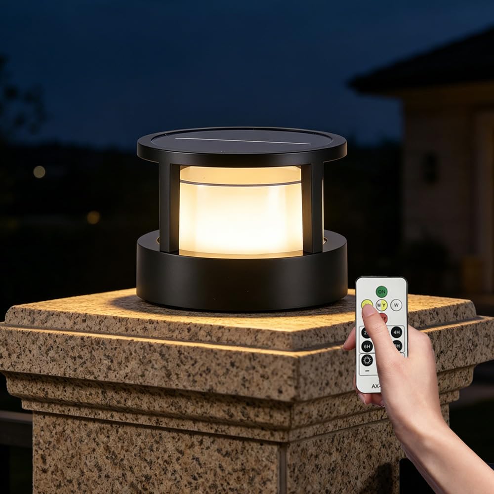 Sockelleuchte Außen Solar, Solar Pfostenleuchte mit Bewegungserkennung & Fernbedienung, φ16CM Außen Sol-ar Pollerleuchte, Wetterfeste LED Pollerleuchte für Gartenwege, Schwarz