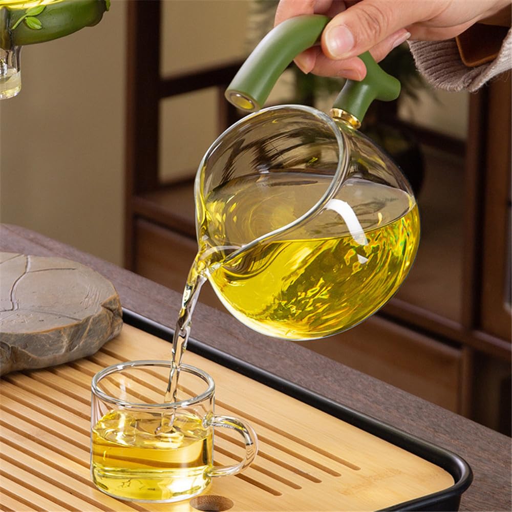 RORA Lazy Kungfu Service à thé en verre semi-automatique rotatif avec infuseur et théière en verre (panda vert)