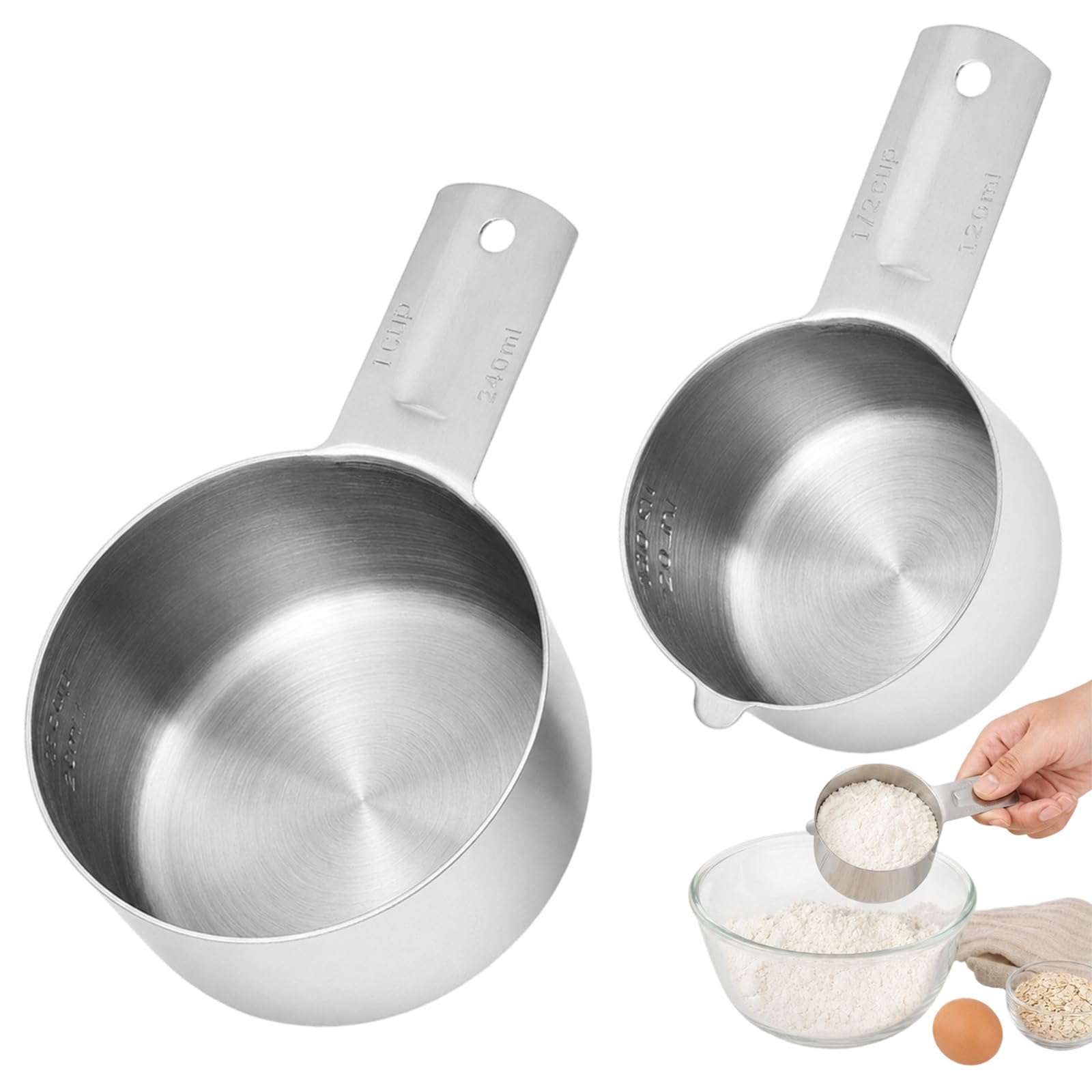 Rice Measuring Cup, Stainless Steel Measuring Cups Set for Baking and Cooking, Food Measuring Cups with Precise Scale, Two Sizes 240ml and 120ml
