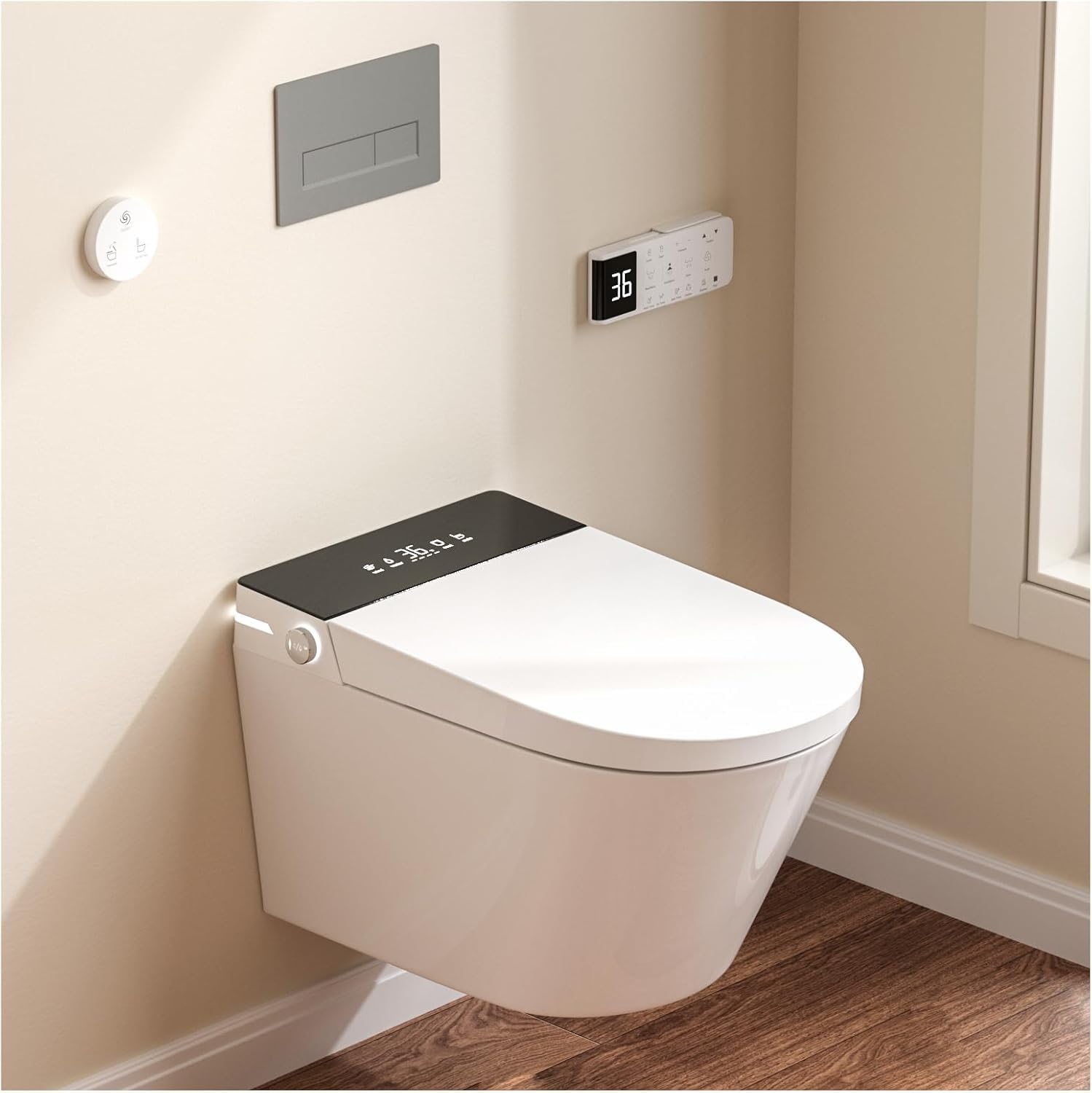 SmartSylva Wall Hung Smart Toilet: Elongated Design with Built-in Bidet, Heated Seat, Warm Water Wash, Air Dryer, Auto Flush, Foot Sensor Flush, and Auto Open/Close Lid