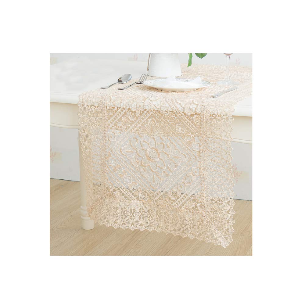Chemin de table beige 75x250cm avec broderie creuse élégante pour décoration raffinée