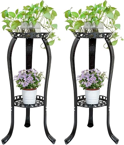 Miniatura 6 de Paquete de 2 soportes de metal para macetas de 2 niveles de alto, soportes decorativos para macetas de flores para interiores y exteriores