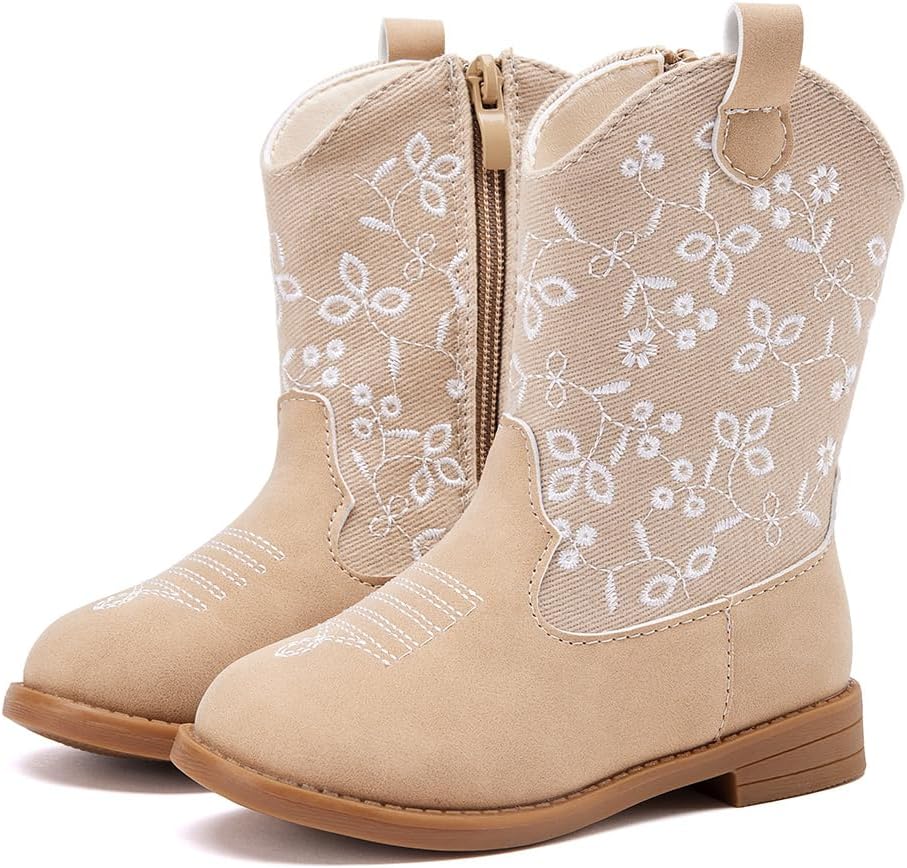 BMCiTYBM Toddler Girls Cowgirl Boots Little Kids Mid Calf Western Flower Cowboy Pointed Toe Riding Shoes All Season