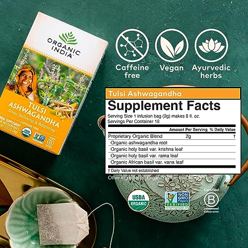 Image of Organic India Calming Tulsi Herbal Tea Favorites - Holy Basil, Ashwagandha, Honey Chamomile, Sleep - Adaptogen, Vegan, USDA Certified Organic, Non-GMO - 18 Infusion Bags