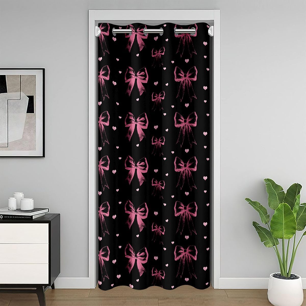 Cortina de puerta térmica con lazo negro y rosa para organizar espacios de niñas