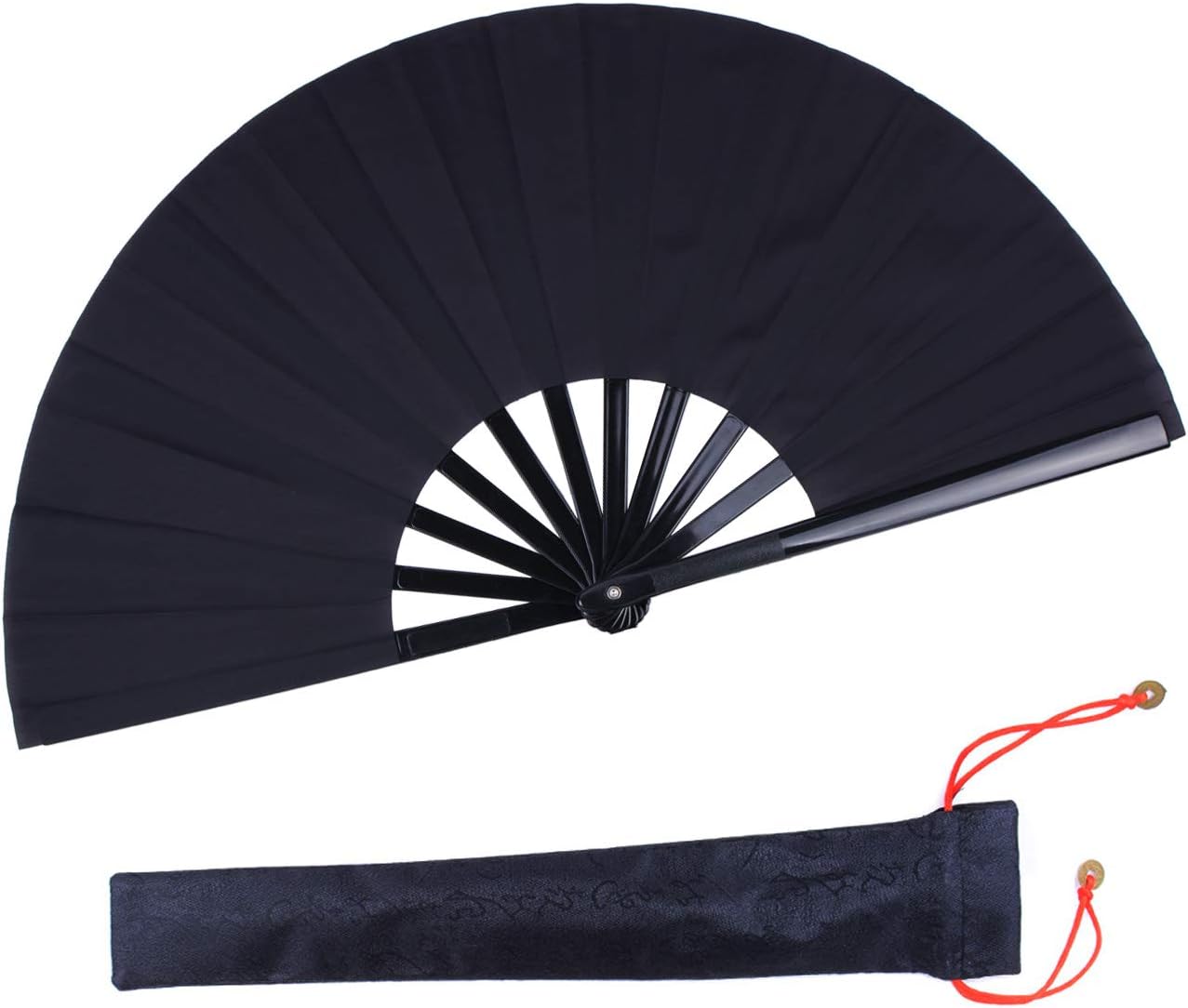 Folding Fan Black Large Hand Fan Chinese Kung Fu Tai Chi Hand Held ABS Plastic-Nylon Folding Fans for Men with a Fabric Case for Protection 13inch