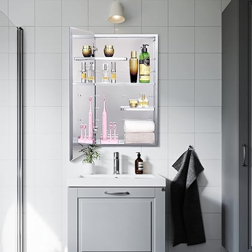 Miniatura 6 de Fundin Armario de pared de baño con estantes de corte medio, gabinete de almacenamiento de acero inoxidable de 14.8 x 25.6, botiquín de bañosala de