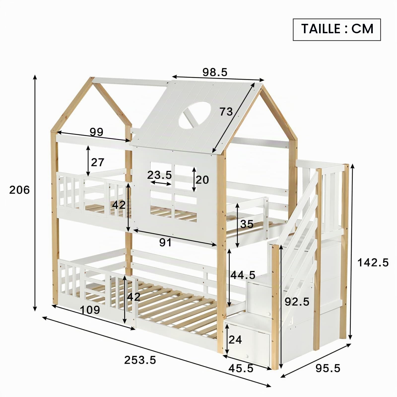 KOMHTOM Lit Superposé en Bois avec 3 échelles de Rangement et Sommier à Lattes, Lit Enfant 90x200cm Garde-Corps et Toits, Cadre de lit Moderne (sans Matelas) (Blanc-A)