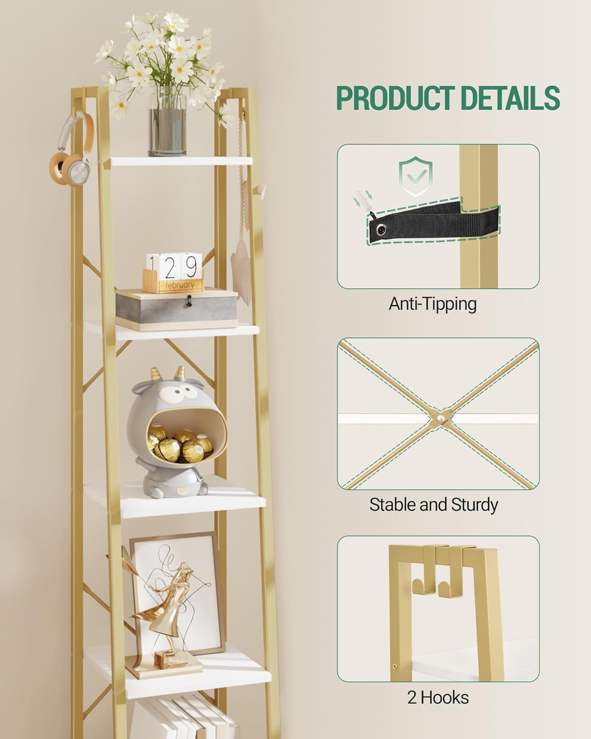 Ladder Shelf, Bookshelf Bookcase, Freestanding Corner Storage Shelve with 2 Hooks for Home Office, Living Room, Kitchen, Bedroom, Industrial, 11.8" D x 13.4" W x 63" H, White Gold BC03213G - Image 4