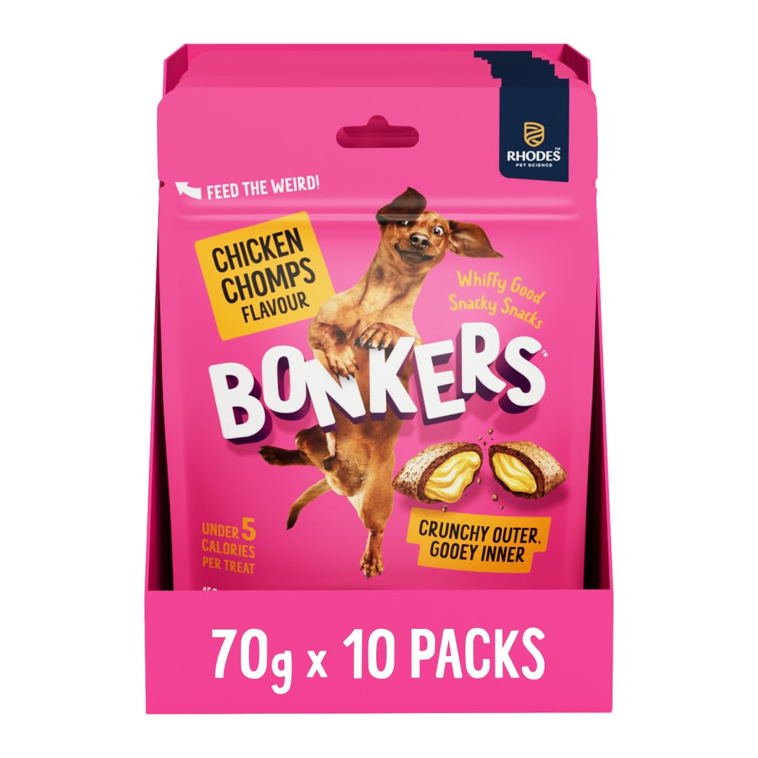 BONKERS Dog Bites 10 x 70 g, Crunchy & Soft Chicken Chomps Flavoured Pet Treats