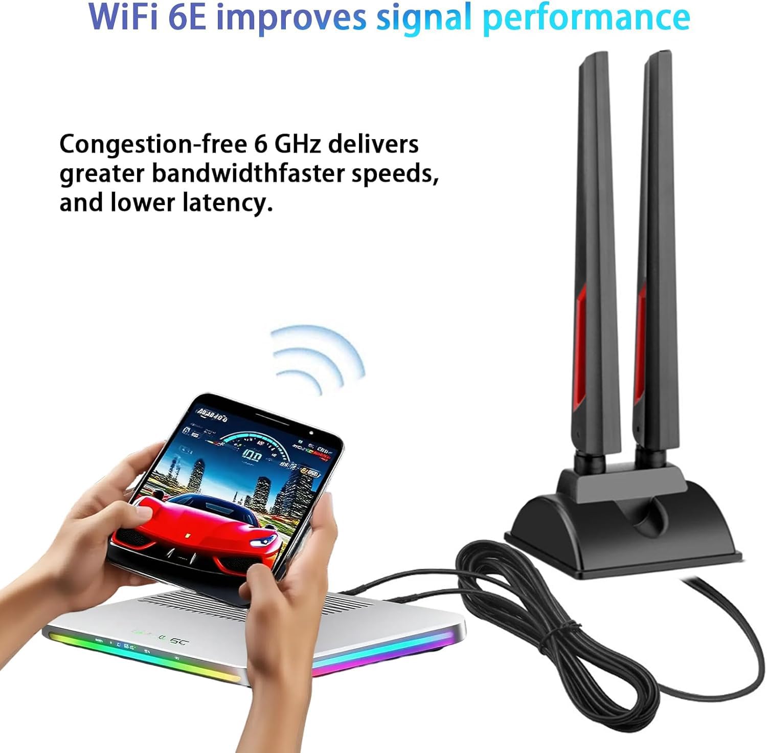 Antena WiFi 6E de 6 GHz 5 GHz 2.4 GHz para juegos con base magnética con cable de extensión de 6.5 pies para PC, computadora de escritorio, tarjeta PCIe WiFi 6E, enrutador