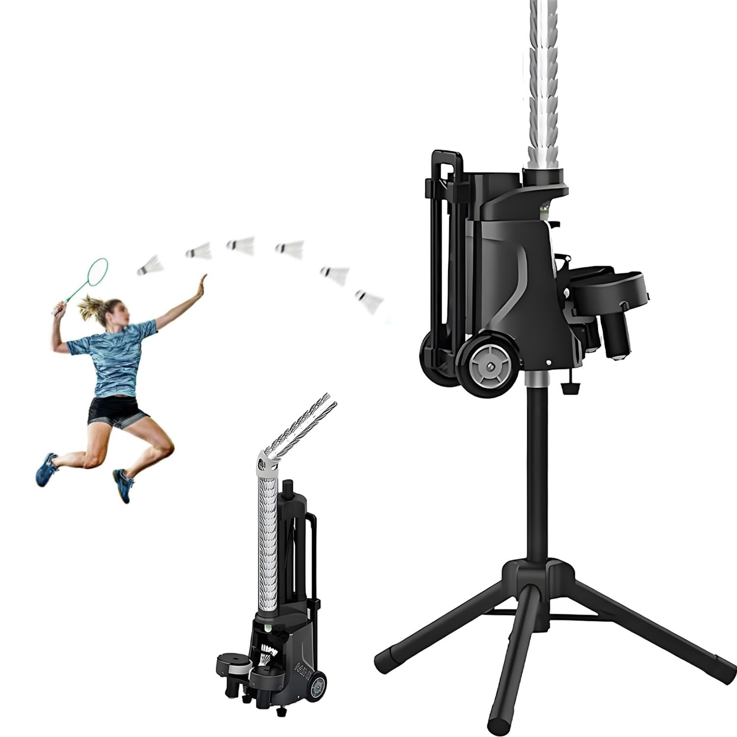 GLBMXDD Automatic Badminton Launcher, Badminton Shuttlecock Machine with Wheels, Holds 52+ Balls, Serving Frequency 1-5 Seconds, Ideal for Indoor and Outdoor Training MiniPro